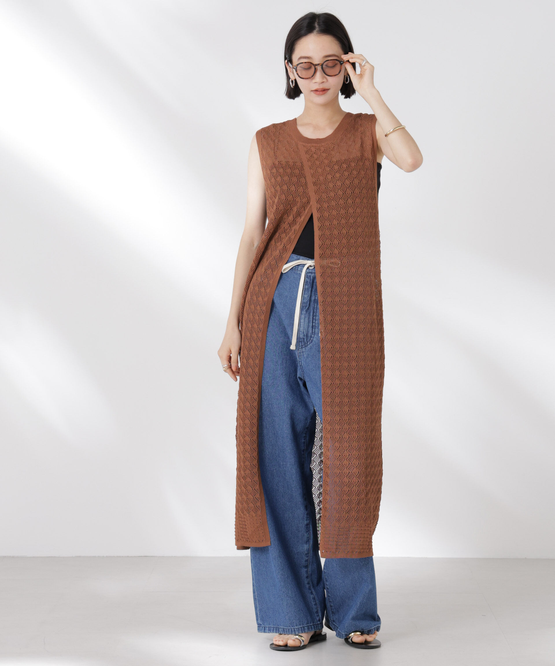 nano･universe「前後2wayダイヤ透かし柄ノースリーブニットワンピース」|ワンピース|ブラウン