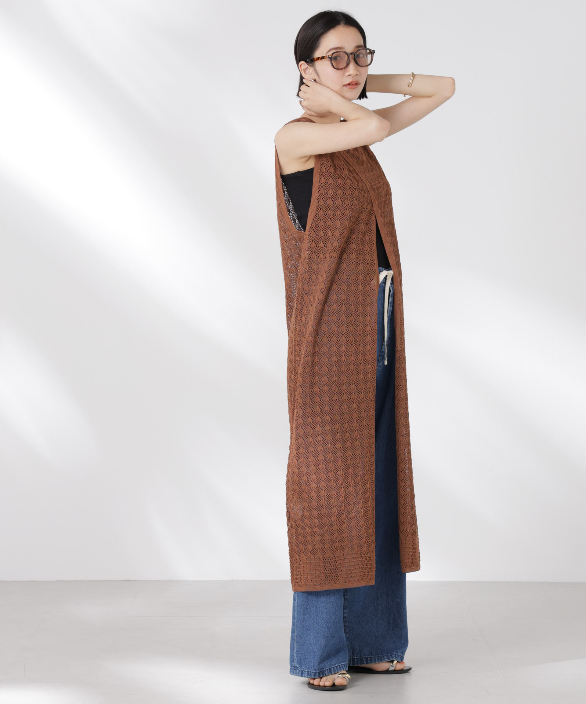 nano･universe「前後2wayダイヤ透かし柄ノースリーブニットワンピース」|ワンピース|