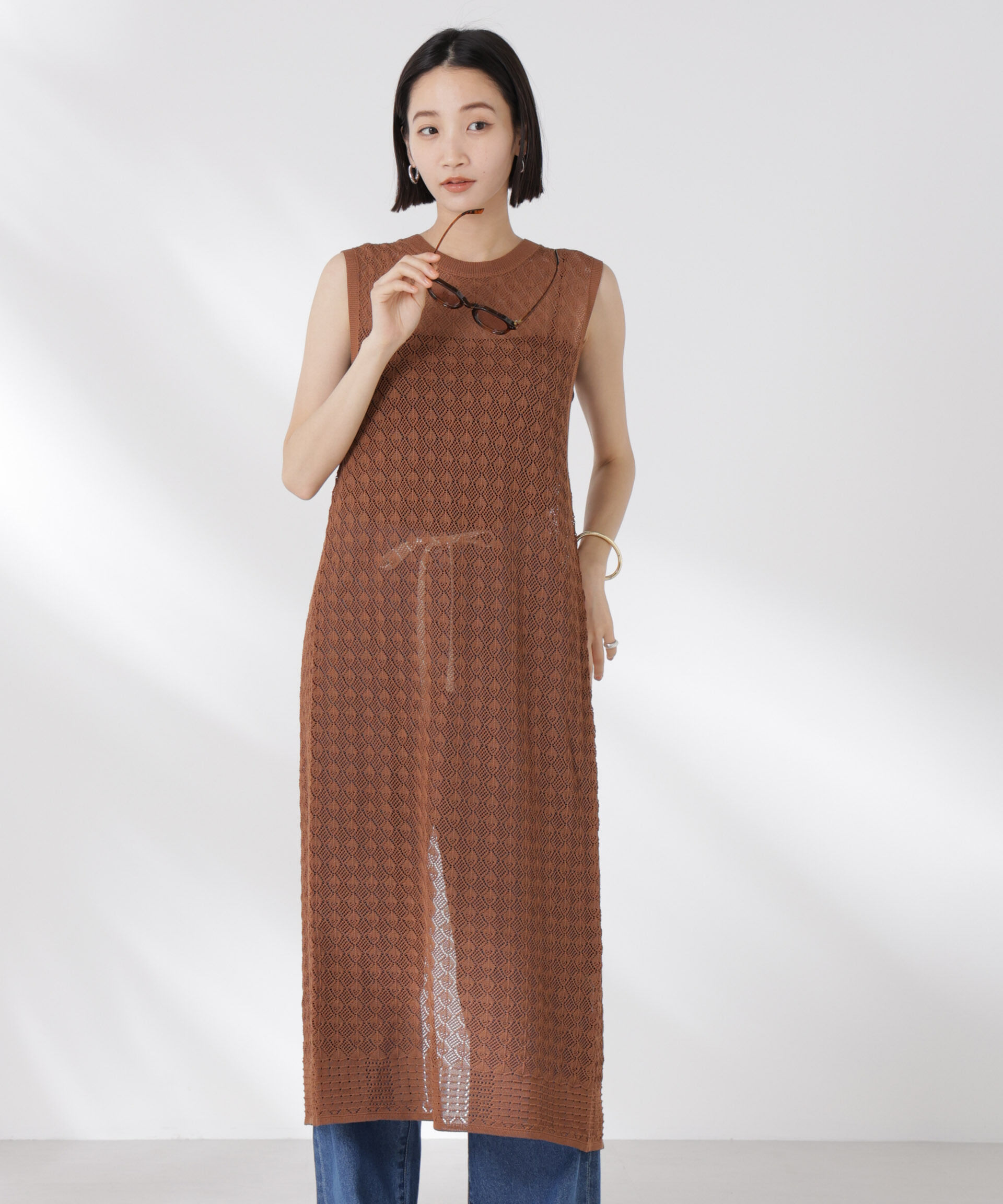 nano･universe「前後2wayダイヤ透かし柄ノースリーブニットワンピース」|ワンピース|