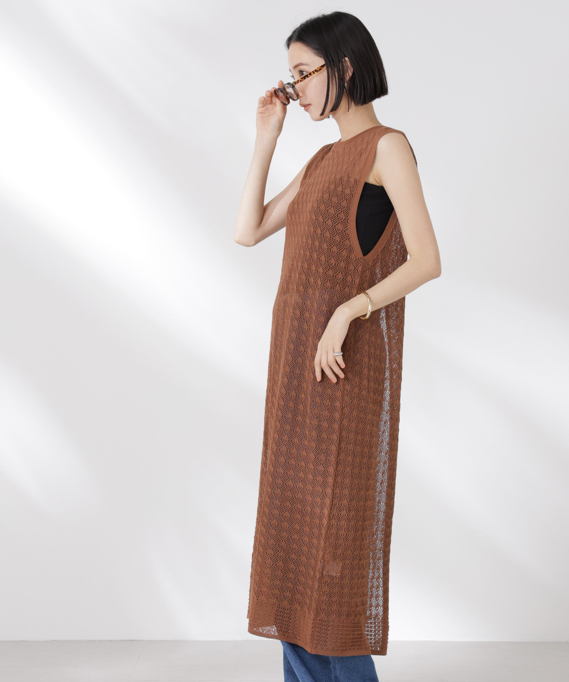 nano･universe「前後2wayダイヤ透かし柄ノースリーブニットワンピース」|ワンピース|