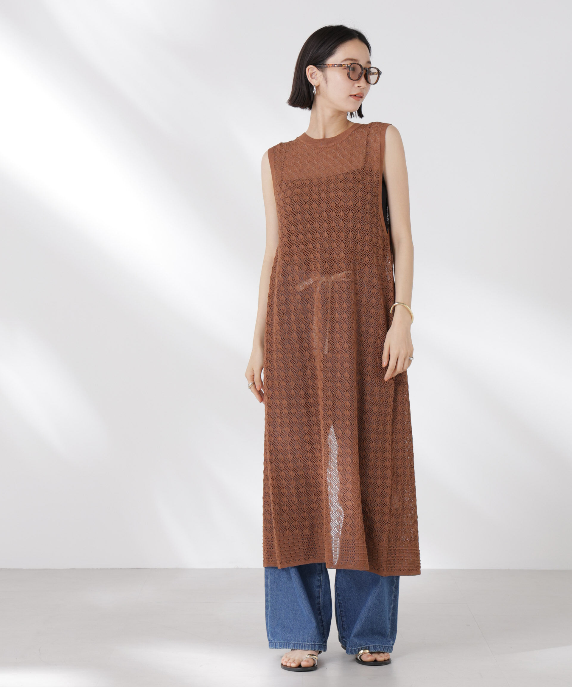 nano･universe「前後2wayダイヤ透かし柄ノースリーブニットワンピース」|ワンピース|