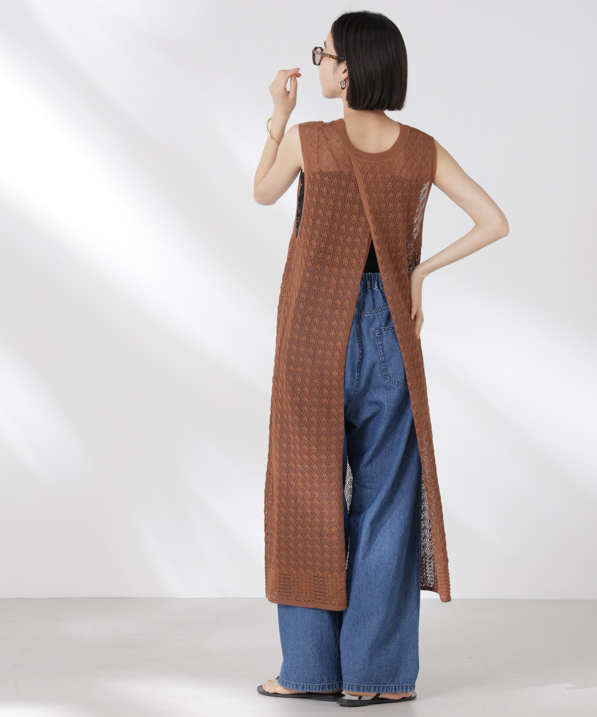 nano･universe「前後2wayダイヤ透かし柄ノースリーブニットワンピース」|ワンピース|