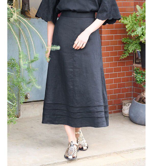 自由区「【XSサイズ～/洗える/セット可】エンブロイダリーリネン フレアスカート」|スカート|ネイビー系