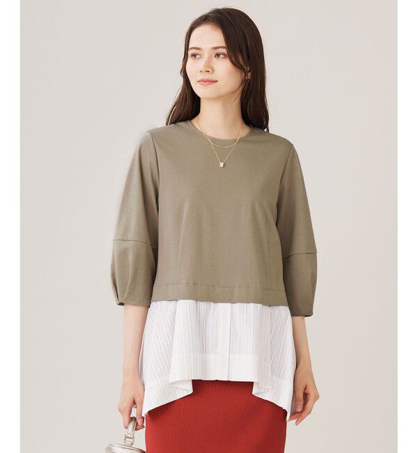 自由区「【洗える】カラミストライプコンビジャージ トップス」|Tシャツ・カットソー|ダークサンド