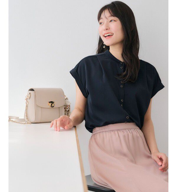 any SiS「【洗える】ダブルボタンフレンチスリーブ ブラウス」|シャツ・ブラウス|ネイビー