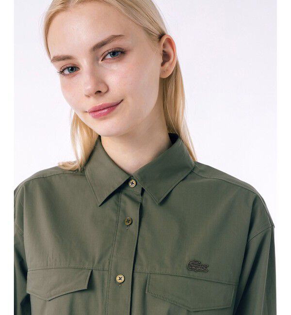LACOSTE「撥水 ウエストドロスト ミリタリーフラップポケットシャツドレス / ロングシャツワンピース」|ワンピース|