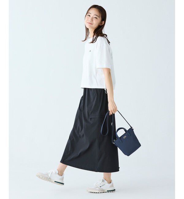 LACOSTE「裾口ドローストリング入りクロップド5分袖 半袖Tシャツ」|Tシャツ・カットソー|