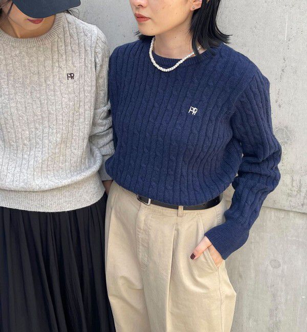 fredy emue「ウール混FR刺繍ケーブル柄ニットプルオーバー」|ニット・セーター|ネイビー