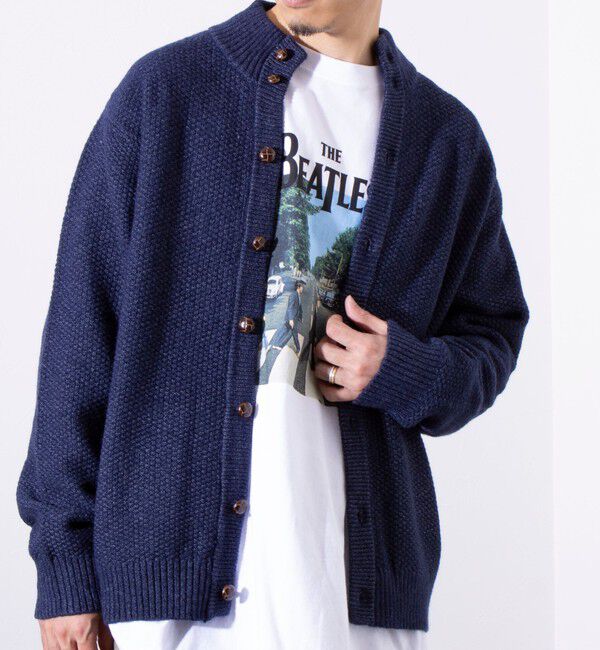 GLOSTER「【GLOSTER/グロスター】くるみボタン スタンドカラーカーディガン（無地/クレイジーパターン）」|ニット・セーター|ネイビー