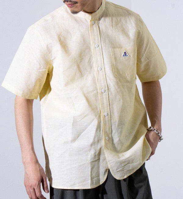 GLOSTER「【GEVACO/ゲバコ】コットンリネン バンドカラー半袖シャツ ワンポイントロゴ ストライプ」|シャツ・ブラウス|イエロー