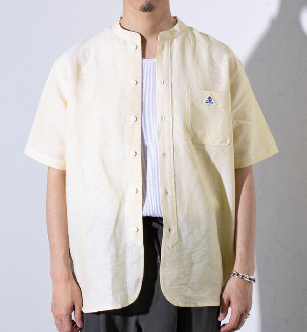GLOSTER「【GEVACO/ゲバコ】コットンリネン バンドカラー半袖シャツ ワンポイントロゴ ストライプ」|シャツ・ブラウス|
