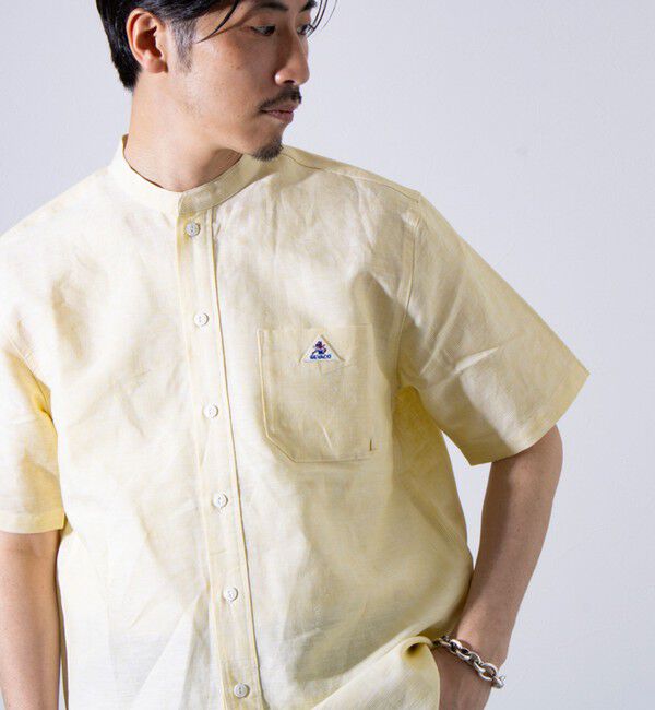 GLOSTER「【GEVACO/ゲバコ】コットンリネン バンドカラー半袖シャツ ワンポイントロゴ ストライプ」|シャツ・ブラウス|
