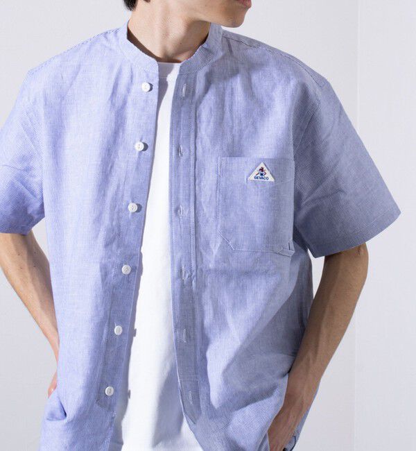 GLOSTER「【GEVACO/ゲバコ】コットンリネン バンドカラー半袖シャツ ワンポイントロゴ ストライプ」|シャツ・ブラウス|