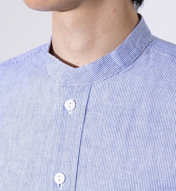 GLOSTER「【GEVACO/ゲバコ】コットンリネン バンドカラー半袖シャツ ワンポイントロゴ ストライプ」|シャツ・ブラウス|