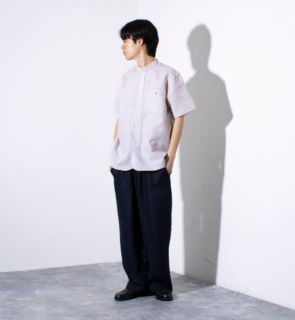 GLOSTER「【GEVACO/ゲバコ】コットンリネン バンドカラー半袖シャツ ワンポイントロゴ ストライプ」|シャツ・ブラウス|