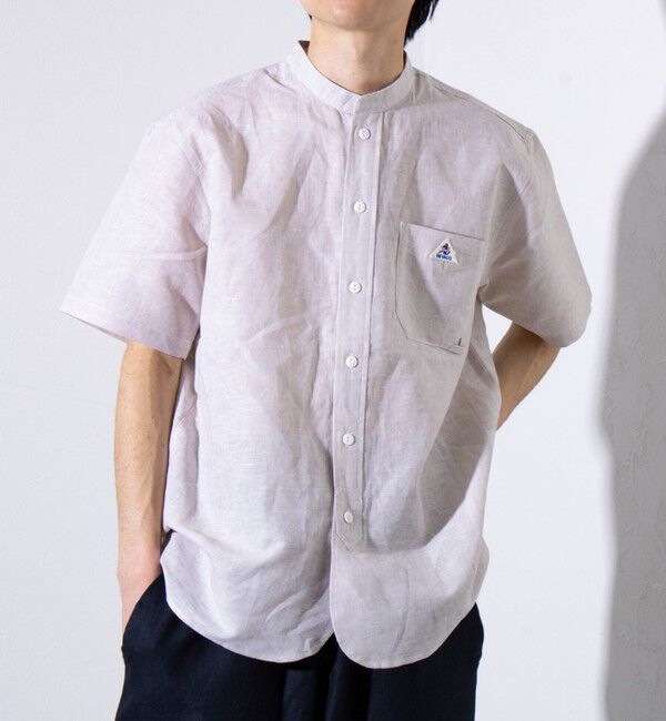 GLOSTER「【GEVACO/ゲバコ】コットンリネン バンドカラー半袖シャツ ワンポイントロゴ ストライプ」|シャツ・ブラウス|