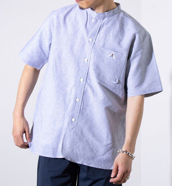 GLOSTER「【GEVACO/ゲバコ】コットンリネン バンドカラー半袖シャツ ワンポイントロゴ ストライプ」|シャツ・ブラウス|ブラック