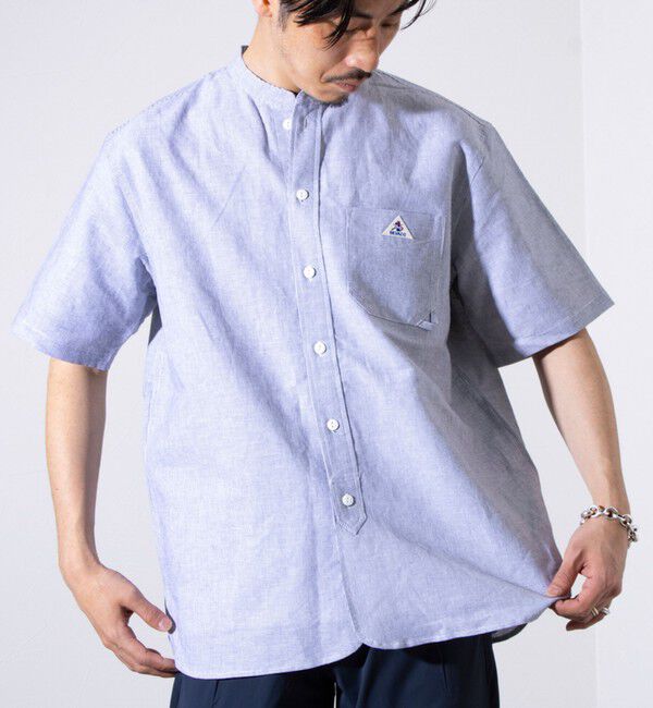 GLOSTER「【GEVACO/ゲバコ】コットンリネン バンドカラー半袖シャツ ワンポイントロゴ ストライプ」|シャツ・ブラウス|