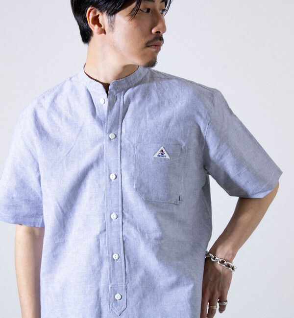 GLOSTER「【GEVACO/ゲバコ】コットンリネン バンドカラー半袖シャツ ワンポイントロゴ ストライプ」|シャツ・ブラウス|