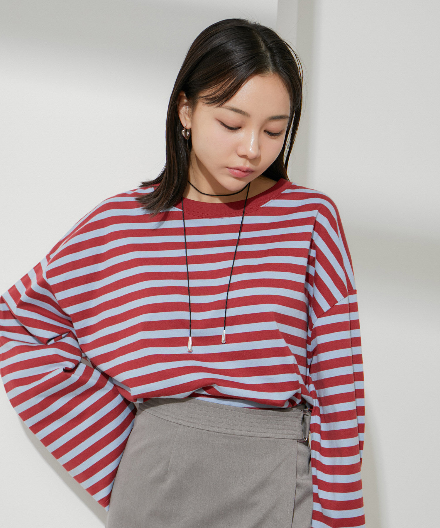 VIS「【EC/OUTLET】ワイドスリーブマルチボーダーロングTシャツ【洗える】」|Tシャツ・カットソー|