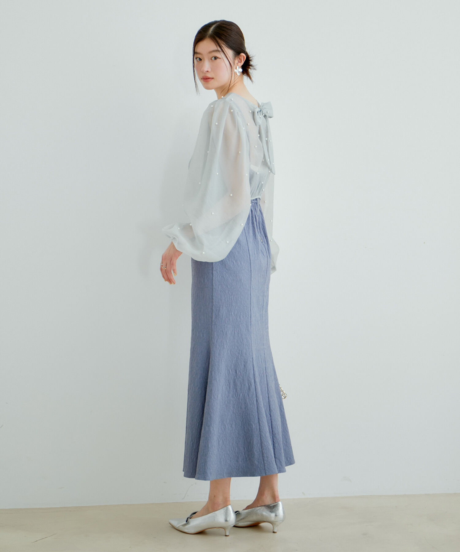 VIS「【新色追加】【VIS DRESS】チュールパールブラウス＆ジャガードワンピースセット」|ドレス|