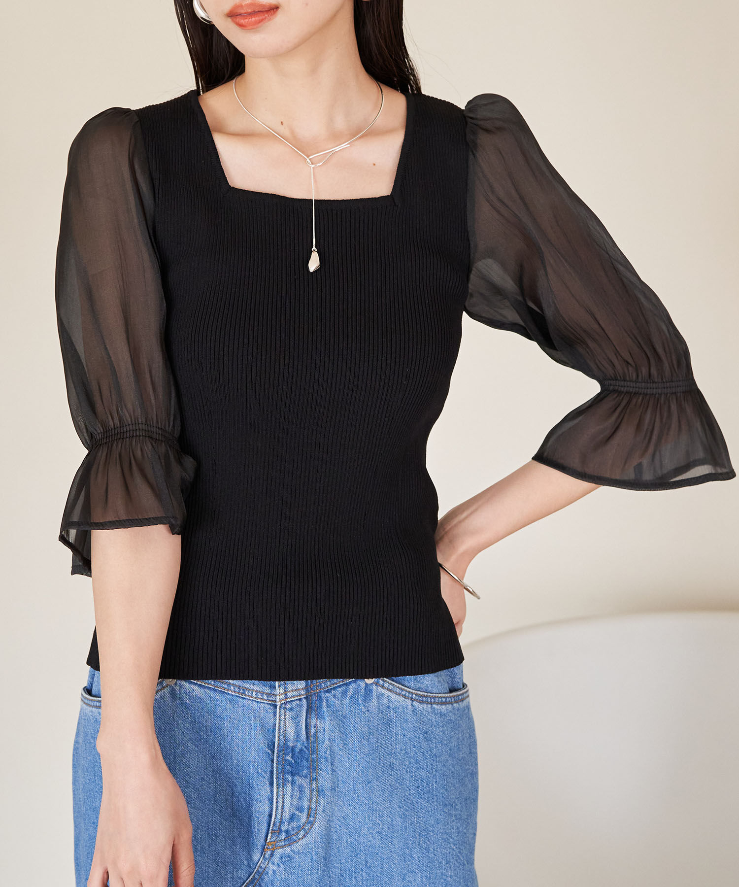 VIS「オーガンジーキャンディスリーブリブニット」|ニット・セーター|ブラック(01)