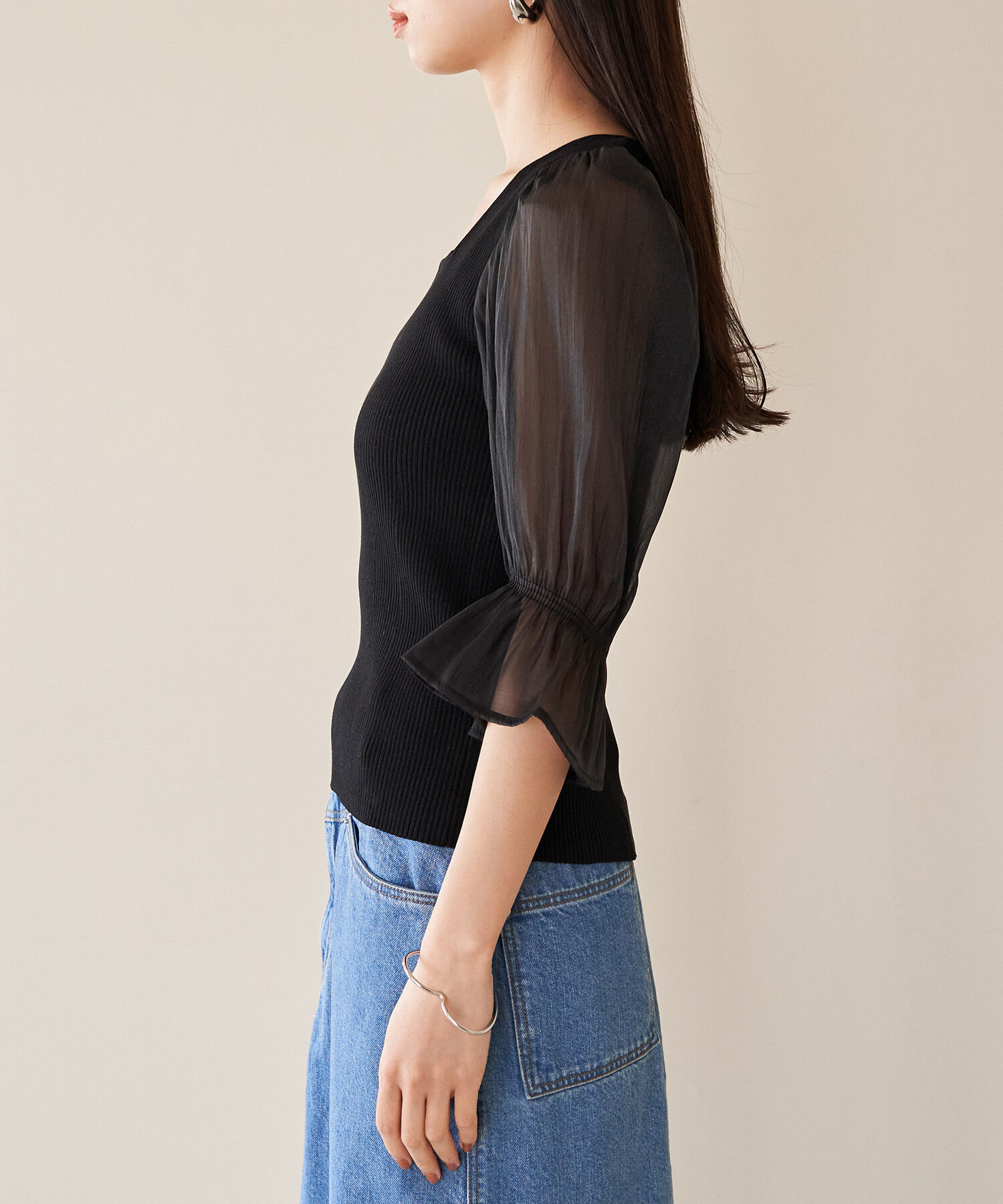 VIS「オーガンジーキャンディスリーブリブニット」|ニット・セーター|