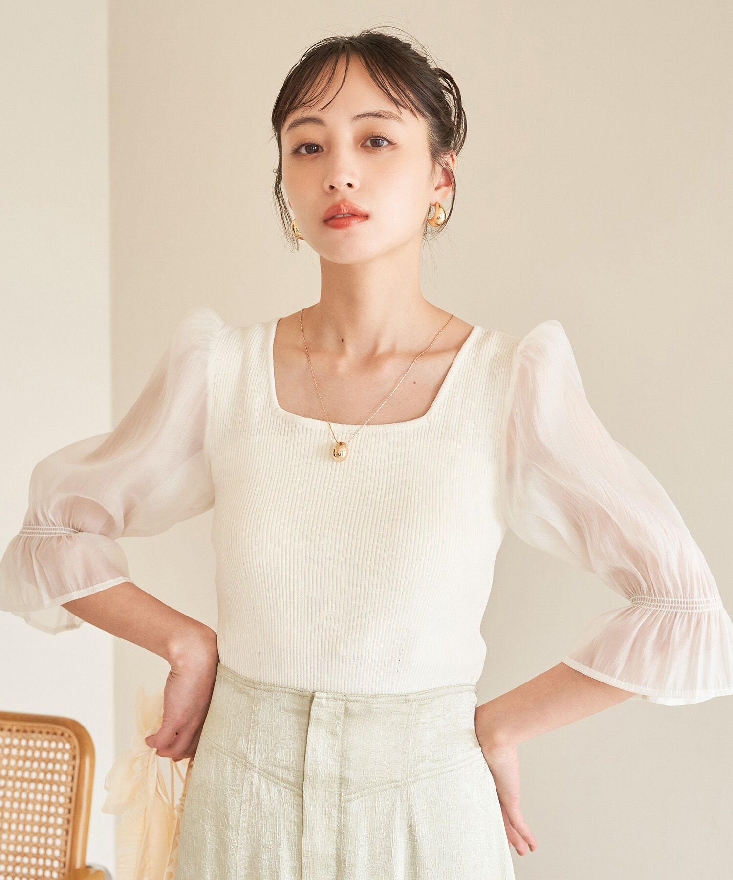 VIS「オーガンジーキャンディスリーブリブニット」|ニット・セーター|