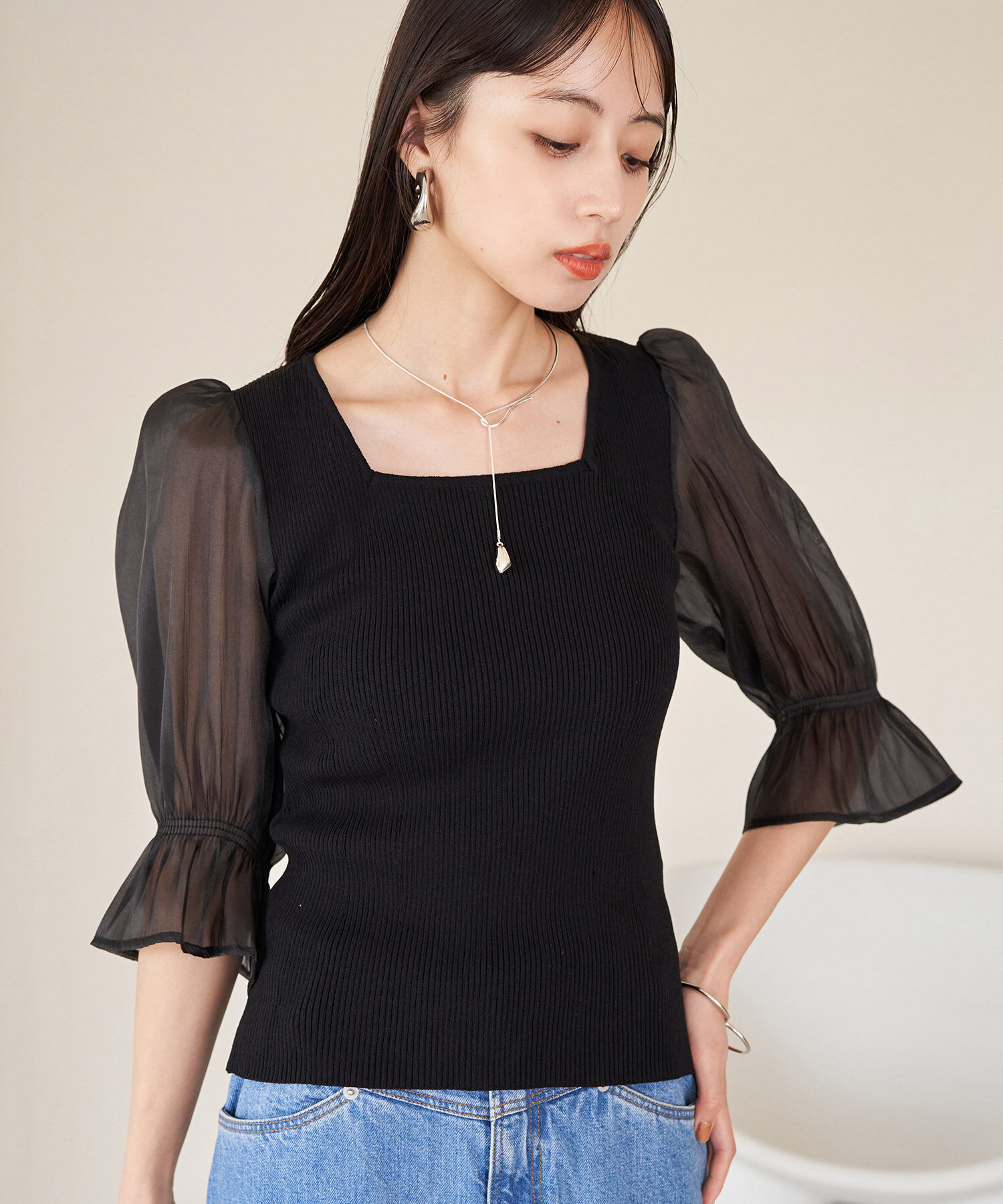 VIS「オーガンジーキャンディスリーブリブニット」|ニット・セーター|