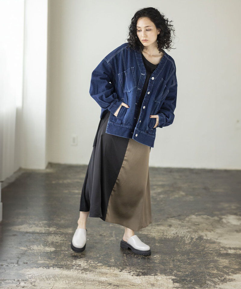  「ノーカラーデニムジャケット」|デニムジャケット|