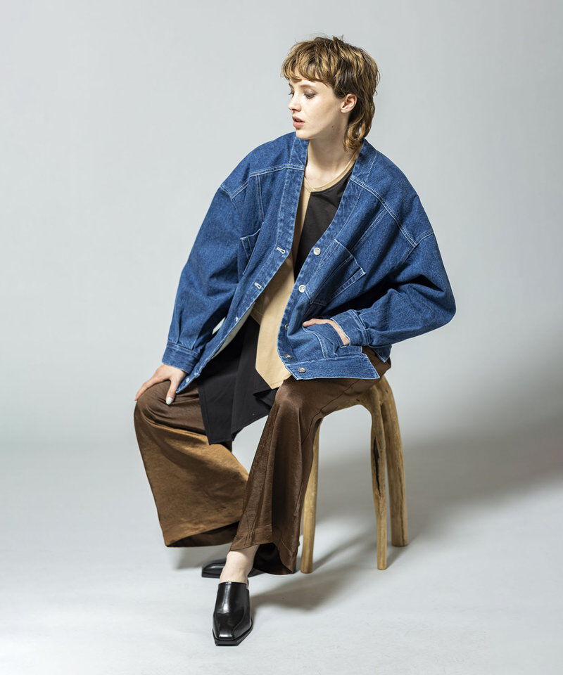  「ノーカラーデニムジャケット」|デニムジャケット|