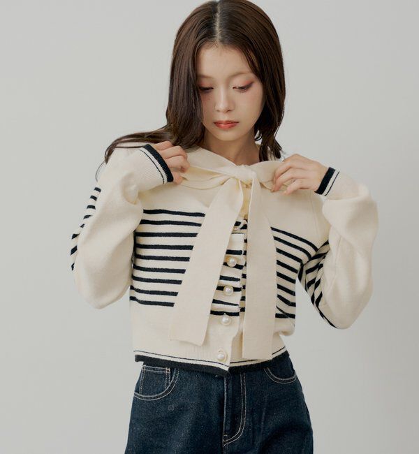  「【SALON by Chico/4色展開】フロントリボンパールフリルトップス」|ニット・セーター|