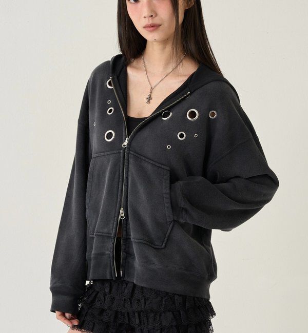  「EYELET ZIP HOODIE」|パーカー|チャコールグレー