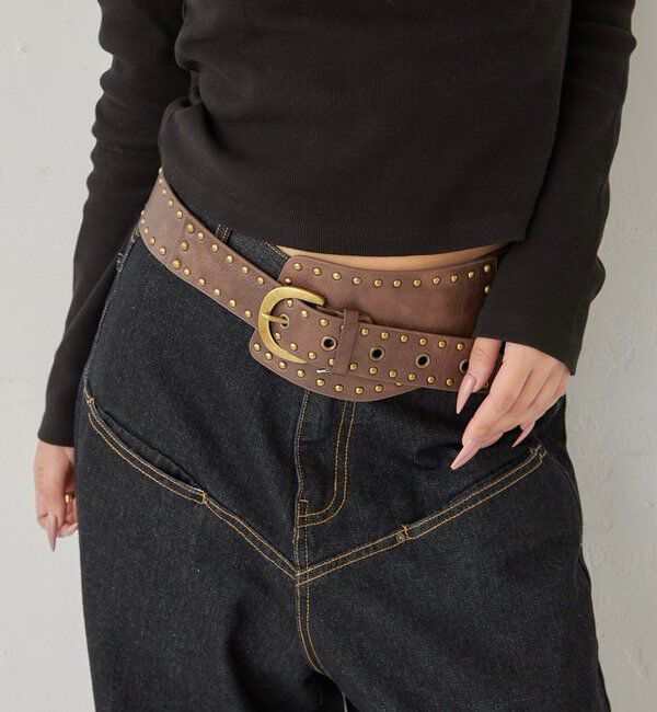  「STUDDED WIDE BELT」|ベルト|ブラウン