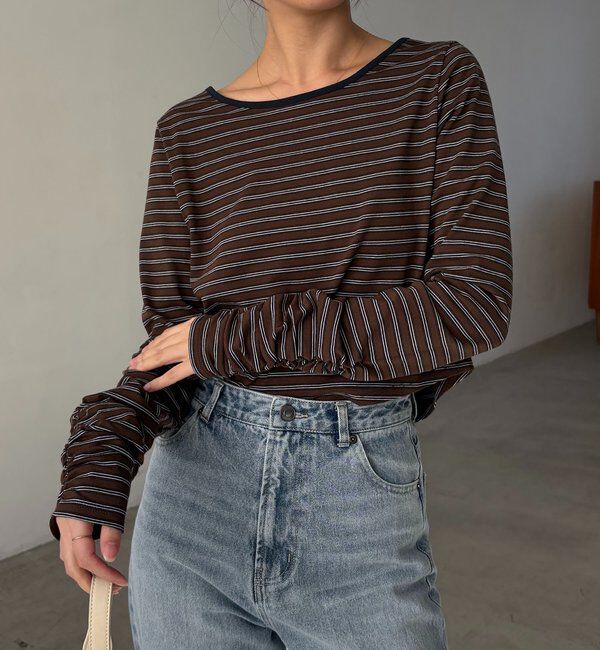  「バックUネッククロップボーダーTシャツ」|Tシャツ・カットソー|