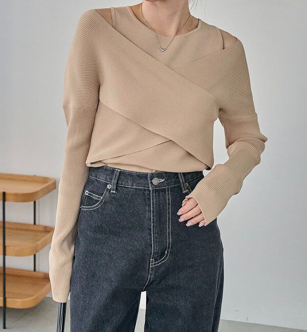  「オフショルクロスレイヤードニット」|ニット・セーター|ベージュ