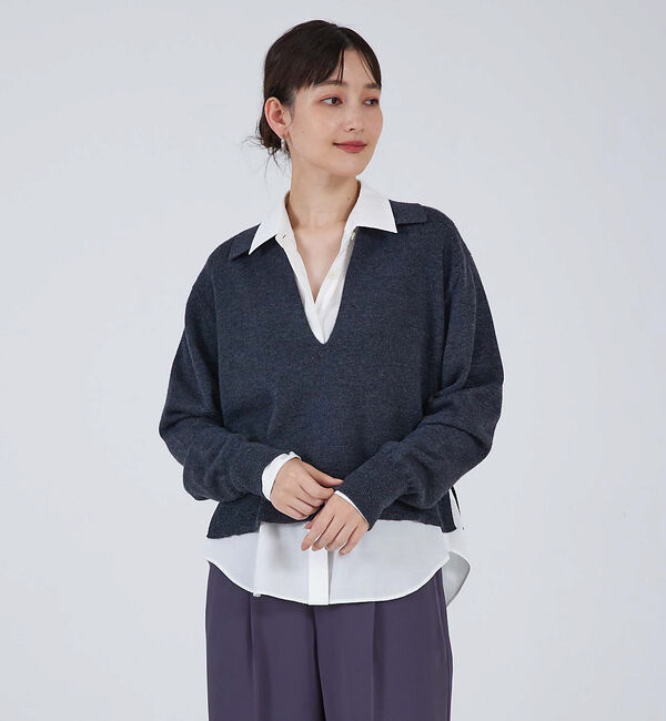 qualite「シャツカラーニットプルオーバー」|ニット・セーター|チャコールグレー