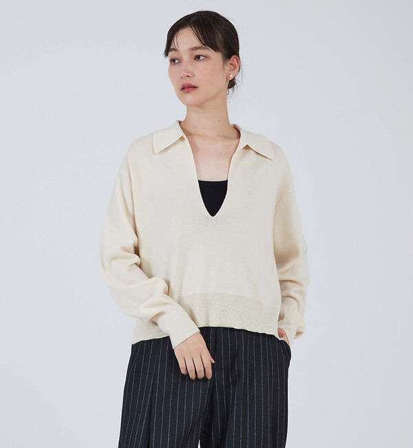 qualite「シャツカラーニットプルオーバー」|ニット・セーター|ベージュ