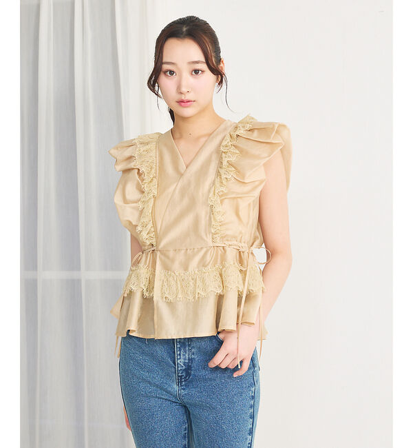 SELFIST「パフショルダーノースリーブフリルブラウス」|シャツ・ブラウス|ベージュ
