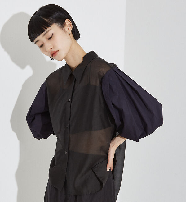 NOMINE「【セットアップ着用可】シアー コンビ5分袖 襟付きシャツ」|シャツ・ブラウス|ブラック系その他1