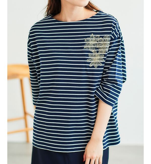 le.coeur blanc「ボーダーモチーフ刺繍カットソー」|Tシャツ・カットソー|ネイビー柄