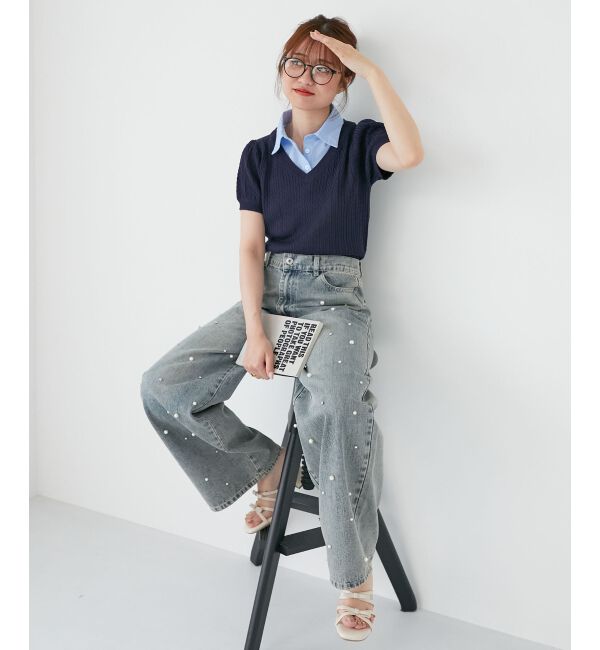  「リボンセットドッキング半袖ニット」|ニット・セーター|