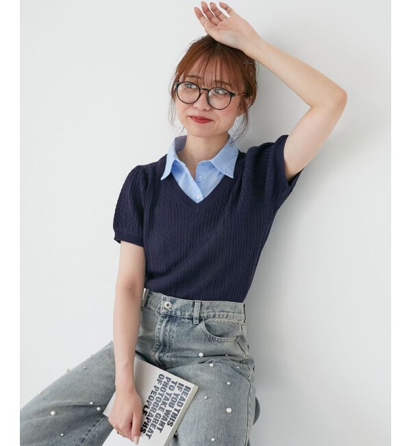  「リボンセットドッキング半袖ニット」|ニット・セーター|