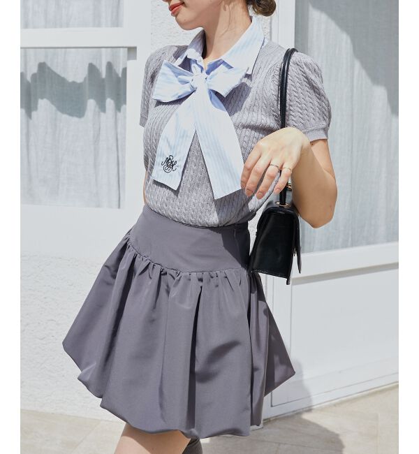  「リボンセットドッキング半袖ニット」|ニット・セーター|グレー