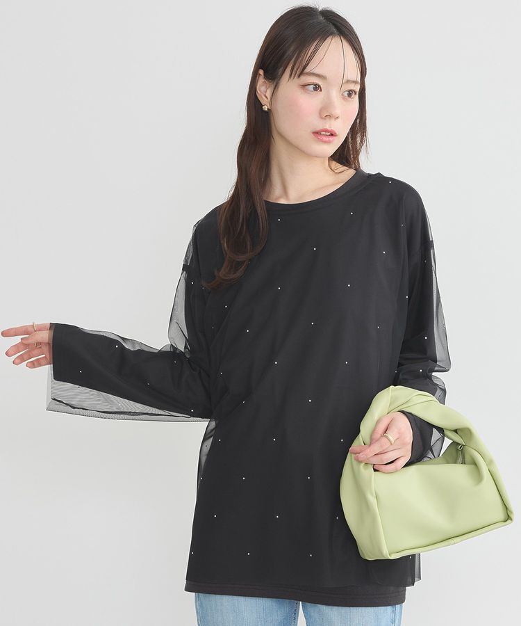 earth music&ecology「ラインストーンチュールドッキングプルオーバー」|Tシャツ・カットソー|Black