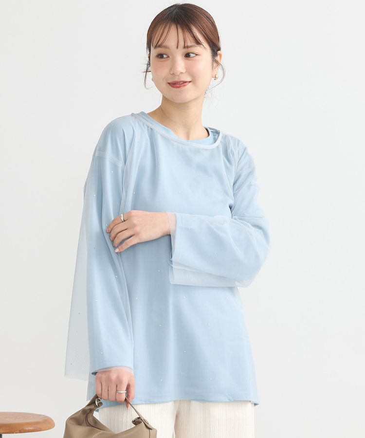 earth music&ecology「ラインストーンチュールドッキングプルオーバー」|Tシャツ・カットソー|グレイッシュブルー