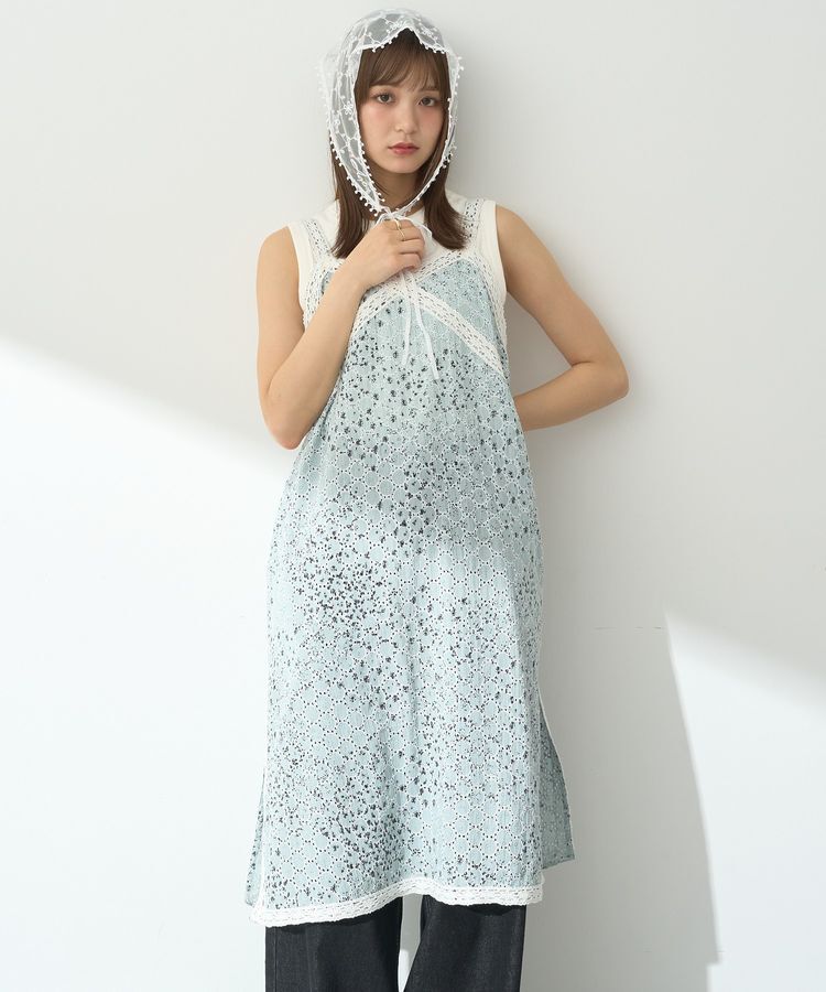 earth music&ecology「花柄プリントボーラー刺繍ミニキャミドレス」|ワンピース|Light Blue