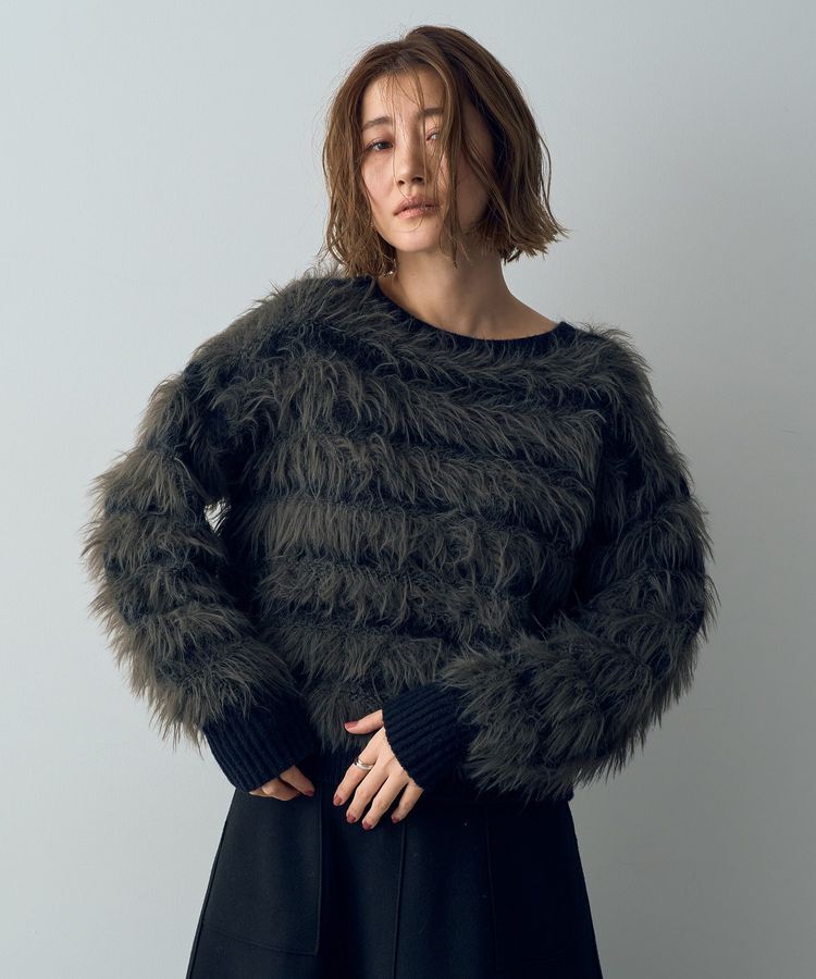 YECCA VECCA「フェザーボーダーニット」|ニット・セーター|チャコールグレー