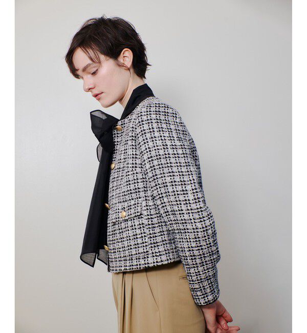 allureville「ファンシーツィードクルーネックジャケット」|ノーカラージャケット|