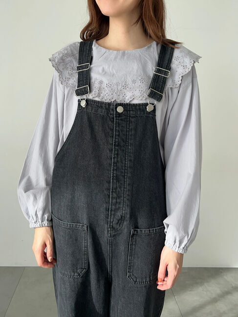 Samansa Mos2「デニム/花柄アソートサロペットパンツ」|その他|ブラック